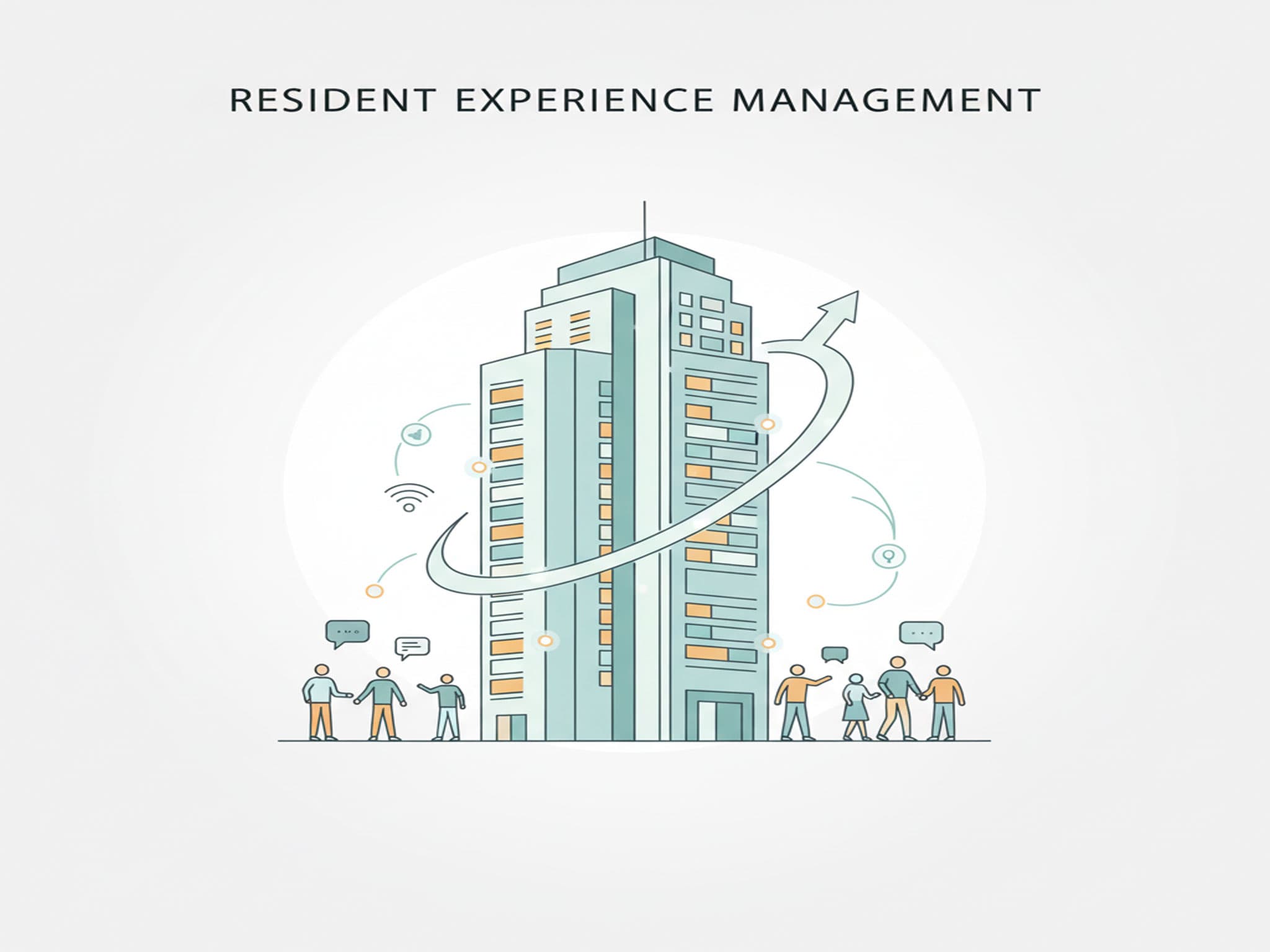A minimalist illustration of a modern residential tower with stylized figures of residents, symbolizing community and a positive living experience.